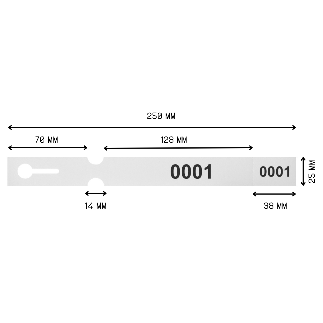 Etiquetas con ranura 250x25mm PET - Numerado, Blanco